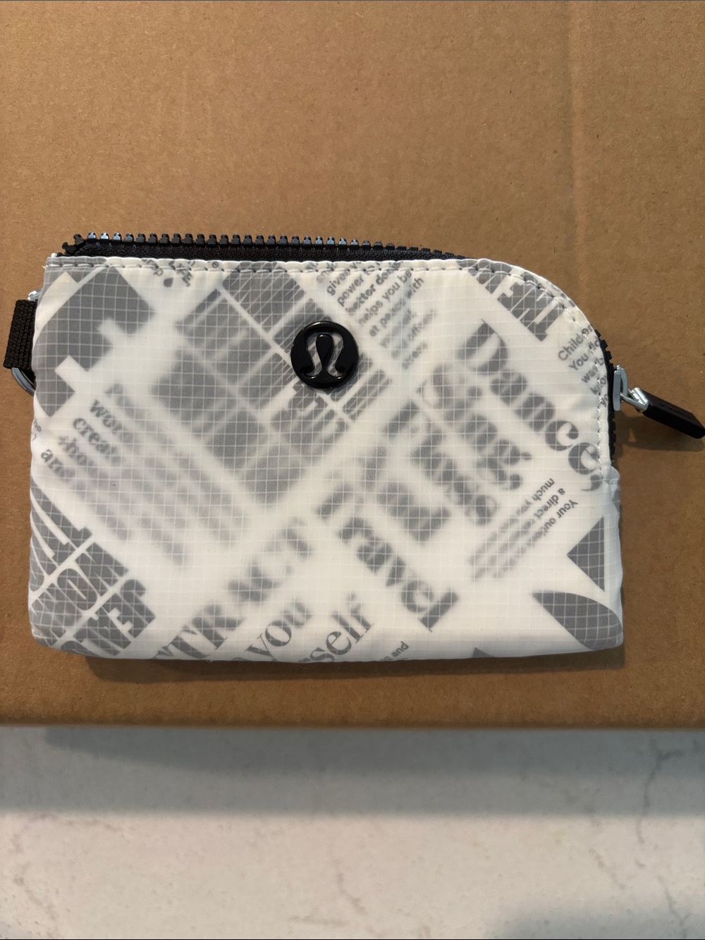lululemon White and Black Logo Zip Card Pouch